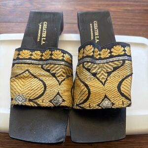 Greater L.A. Handmade Brocade Block Heel Slides – Gold & Black, Size 7, USA Made